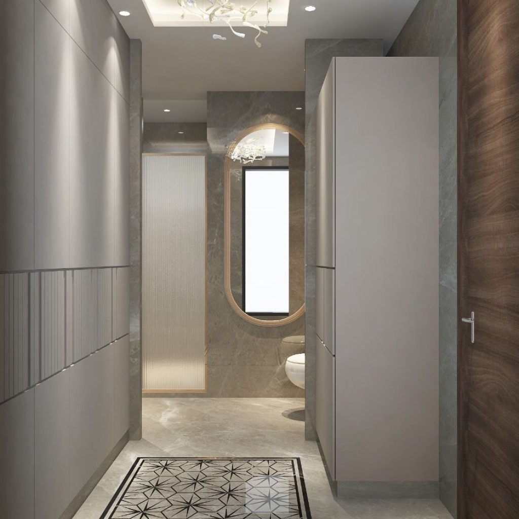 Washroom with beautiful mirror and marbles tiles