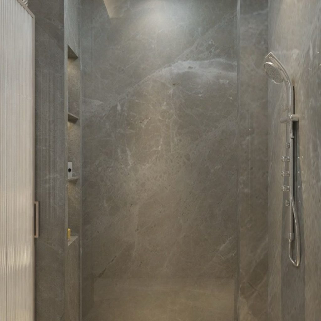 Bathroom With A shower and shelves